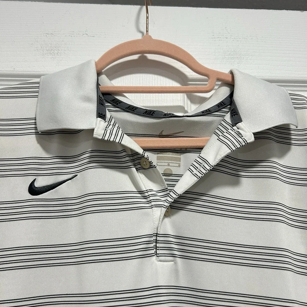 Nike Dri-Fit Men's Large Golf Shirt Polo White With Black Stripes‎